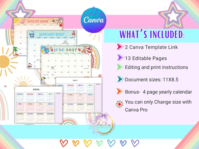 May include: Digital Canva calendar templates featuring monthly layouts for 2026 and 2027, with colorful illustrations. The image includes a list of included items: 2 Canva template links, 13 editable pages, and document sizes of 11x8.5 inches.