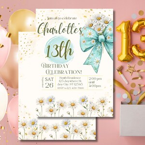 Convite de 13º aniversário para meninas, modelo para impressão no Canva, convite para festa de pré-adolescentes com laço floral e margaridas editável, cartão de aniversário para adolescentes para download