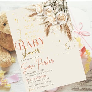 Modèle d'Invitation pour baby shower bohème rose beige, Invitation florale élégante sur toile imprimable, modifiable, téléchargement numérique