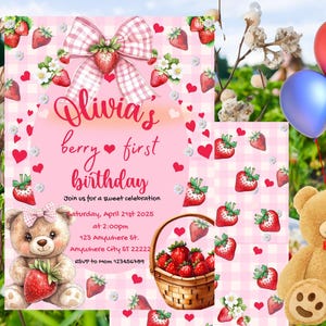 Convite de primeiro aniversário de Berry, convite de ursinho de pelúcia de morango, modelo editável do Canva, convite para impressão Sweet One