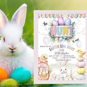 Easter Egg Hunt Invitation, The Hunt Is On, Editable Canva Template, Easter Party Invite, Bunny Invite, Instant Download