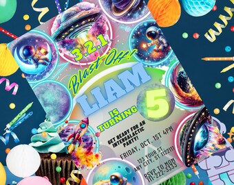 May include: A colorful birthday party invitation with a space theme. The invitation features a rocket, planets, stars, and the text "3.2.1 Blast Off! Liam is turning 5".