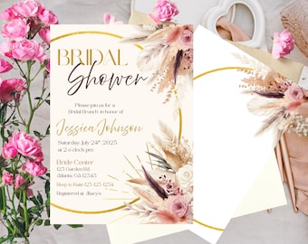 Könnte beinhalten: Eine weiße Brautduscheinladung mit einem goldenen Kreis und einem floralen Design. Der Text lautet "BRIDAL SHOWER" in goldenen und violetten Buchstaben. Die Einladung enthält Datum, Uhrzeit, Ort und RSVP-Informationen.