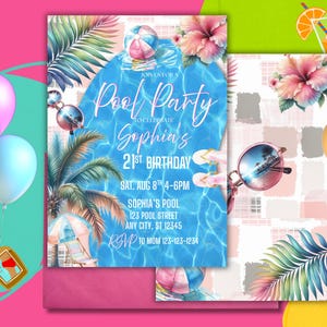 Bearbeitbare Pool-Party-Einladung, Mädchen 21. Geburtstag, Pastellsommer Schwimmen Geburtstag einladen, digitaler Download, TB7