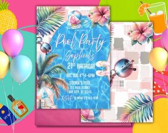 Bearbeitbare Pool Party Einladung zum 21 Geburtstag: Pastell Sommer (Digitaler Download)