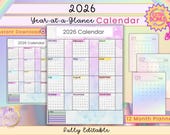 2026 Pastel Calendar Year at a Glance Planner Printable Calendar Minimalist Aesthetic, Editable Yearly Organizer for Students Teachers