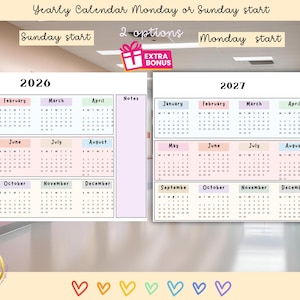 May include: Two yearly calendars for 2026 and 2027, with options for Monday or Sunday start. Each calendar features pastel-colored months and a notes section. The image includes the text "EXTRA BONUS".