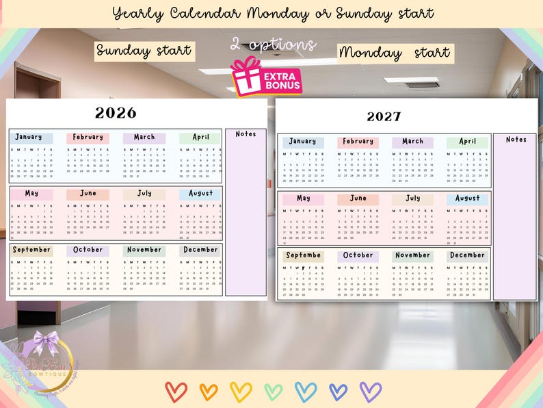 May include: Two yearly calendars for 2026 and 2027, with options for Monday or Sunday start. Each calendar features pastel-colored months and a notes section. The image includes the text "EXTRA BONUS".