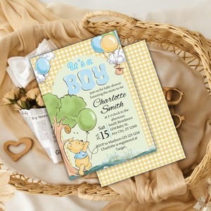 Winnie de Poeh-uitnodiging babyshower jongen | Bewerkbare canvassjabloon met pastel geruite babyfeestje uitnodiging digitale download