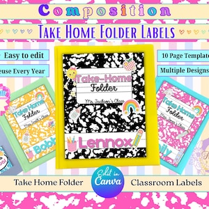 May include: Colorful image featuring "Take Home Folder Labels" with various designs. The labels include text like "Easy to edit" and "Reuse Every Year." The image showcases multiple folder designs with names like "Bobby" and "Lennox."