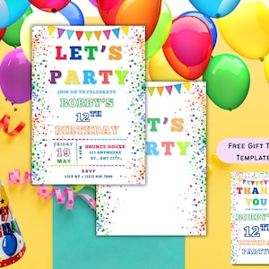 Invito di compleanno per festeggiare, modello modificabile Canva, biglietto d'invito stampabile per feste arcobaleno per bambini, con etichetta di ringraziamento fronte e retro.