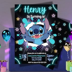 Modèle d'invitation d'anniversaire néon | Invitation modifiable sur toile pour enfants | Fête lumineuse imprimable | Anniversaire garçon ou fille | Conception de 2 pages
