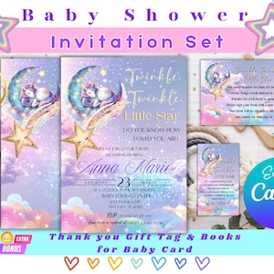 Pacote de modelos de convites para chá de bebê de unicórnio | Convites e etiquetas de agradecimento editáveis da Canva Twinkle Little Star para cartão de bebê | TLBS1