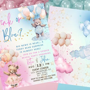 Rosa oder blaue Teddybär Gender Reveal Einladung - Bearbeitbare Canva-Vorlage, niedlicher Ballonhimmel, Digital Download Party einladen