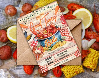 Einladung zum Fischen und Kochen Rot karierter Langusten Garnelen Krabbe Digital Download | Bearbeitbare Partyeinladung für Crawfish Boil, Crab & Shrimp Feast