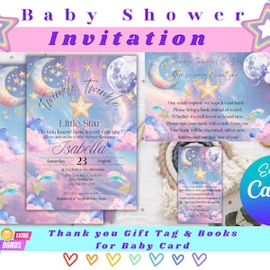 Pacote de modelos de convites para chá de bebê Twinkle Twinkle Little Star | Convite editável Canva frente e verso | Etiqueta de agradecimento e livros para cartão de bebê