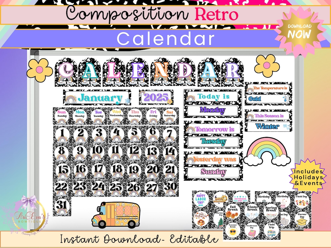 Composition Retro Classroom Calendar | Editable Canva Pocket Chart ...