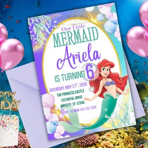 Faire-part d'anniversaire petite sirène - Invitation à une fête princesse sous la mer, téléchargement immédiat, modèle sur toile inspiré d'Ariel pour les filles