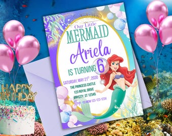 Invito di compleanno a tema Sirenetta: modello modificabile per la festa della principessa (download digitale)