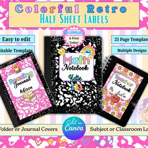 May include: Colorful retro half sheet labels with editable templates. The image shows three notebooks with labels for reading, math, and teacher notebooks. The labels are pink and feature illustrations and text.