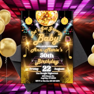 Bearbeitbare Disco Geburtstagseinladungsvorlage | 70s Black & Gold 50 Jahr Meilenstein Party Digitale Leinwand Einladen Download