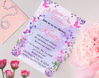 Lavender Floral Baby Shower Invitation | Editable Canva Digital Download | Lilac Baby Shower Invite | Watercolor Flower Baby Shower Card