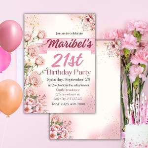 Modelo de convite para 21º aniversário com rosas vermelhas | Convite digital floral elegante para comemoração de marcos e cartão para festa para impressão