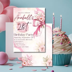 Sjabloon uitnodiging 21e verjaardag roze strik en roos bewerkbare digitale download canva voor meisjes, voorkant, achterkant 21-jarige uitnodiging voor feest