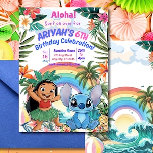 Invitation d'anniversaire de Lilo et Stitch | Invitation tropicale mignonne de partie d'enfants | Téléchargement numérique imprimable | Invitation amusante sur le thème de Luau