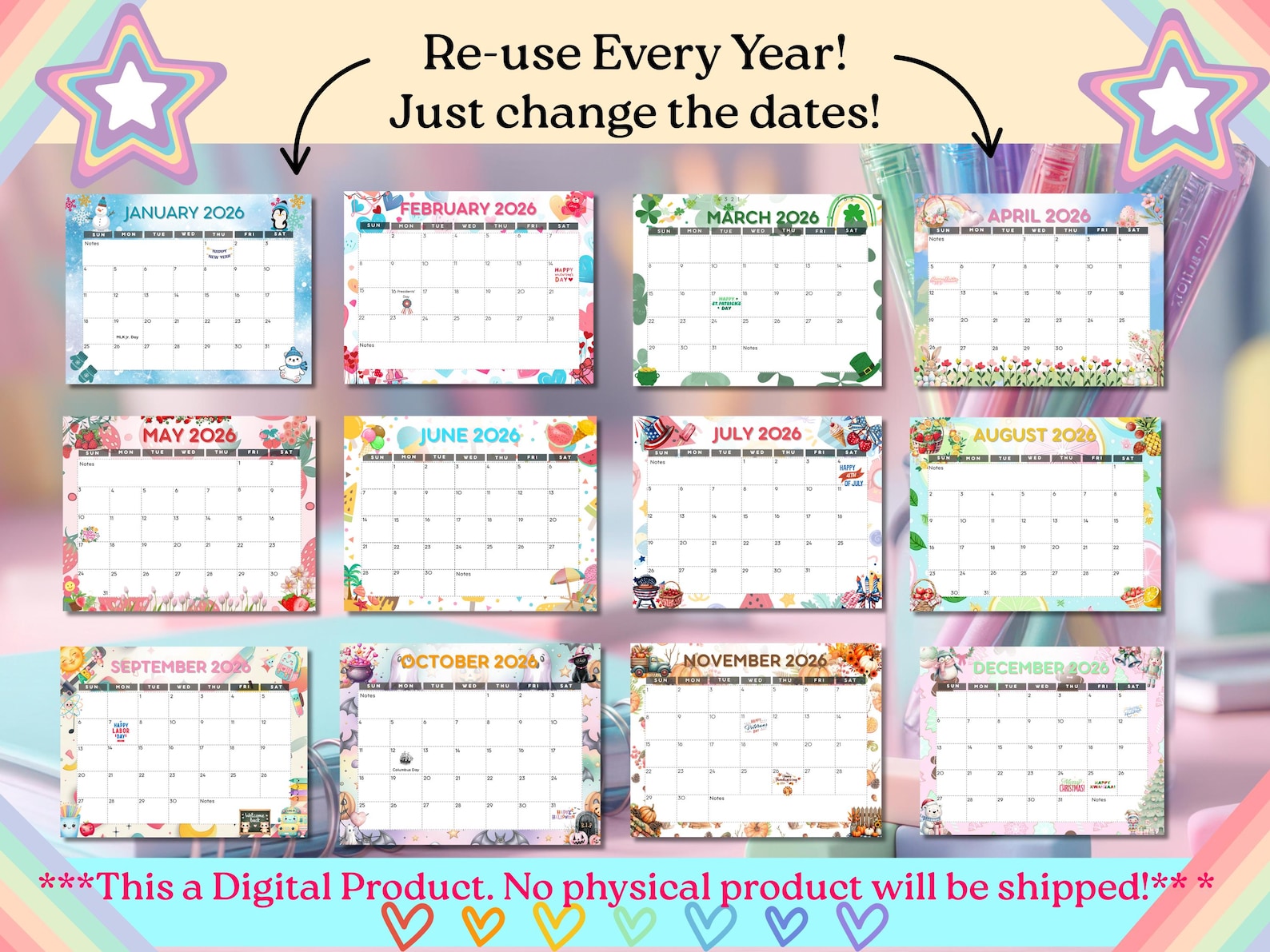 2026 Monthly Themed Calendar Canva Template | Editable Printable ...