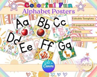 Alfabetposters in de klas ABC-muurdecor Flashcards bewerkbare canvasjabloon digitale download voor leerkrachten van de kleuterschool