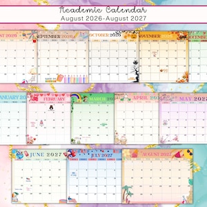 May include: Academic calendar spanning August 2026 to August 2027. Each month is displayed on a separate page with decorative borders and themed illustrations. The calendar includes the months of August, September, October, November, December, January, February, March, April, May, June, July, and August.
