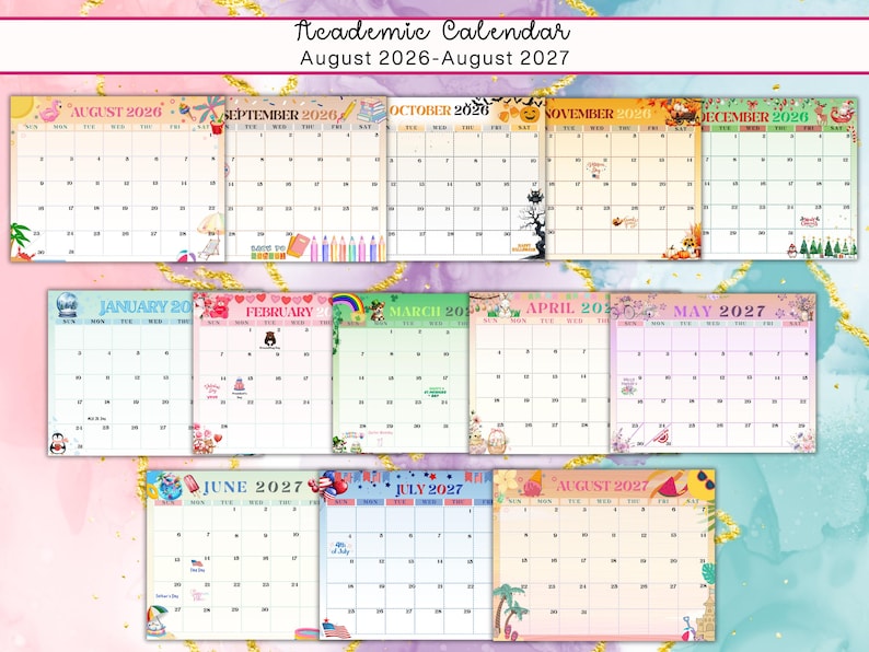 May include: Academic calendar spanning August 2026 to August 2027. Each month is displayed on a separate page with decorative borders and themed illustrations. The calendar includes the months of August, September, October, November, December, January, February, March, April, May, June, July, and August.