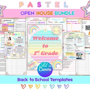 May include: A pastel-themed Open House Bundle with various back-to-school templates. The bundle includes classroom schedules, student transportation forms, weekly class plans, and project planners. The design features rainbows, suns, and the text "Welcome to 1st Grade".
