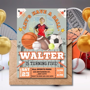 Sport-Geburtstagseinladung mit Foto - Bearbeitbare Canva-Vorlage - Ball-Sportparty einladen, Basketball, Fußball, Football & Baseball zum Ausdrucken