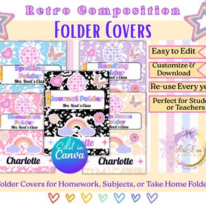 May include: Pastel-coloured folder covers with a retro design, featuring disco balls, butterflies, and rainbows. The covers are labelled for spelling, reading, homework, and journals. Text includes "Edit in Canva" and "Charlotte".