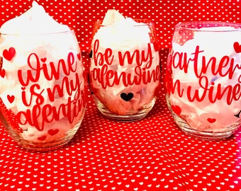 Partners in Wine, Be My Valenwine & Wine is my Valentine Stemless wine glasses Valentine's Day glass 21 oz. individueel verkocht of als set van 3