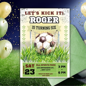 Jungen Fußball Geburtstagseinladung mit Foto bearbeitbare Canva Vorlage Digital Download Fußball Thema Einladen Party Card