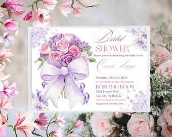 Lavender Rose Bridal Shower Invitation Editable Template, Elegant Floral Printable Invite Instant Download