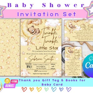 Pacote de modelos de convites para chá de bebê com ursinho de pelúcia | Livros de convite e etiquetas de agradecimento com tema de estrelinha Twinkle Little Star editáveis da Canva para cartão de bebê | TLBS1