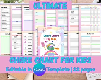 Könnte beinhalten: Ein druckbarer Aufgabenplan für Kinder mit einem Regenbogen, einem Cupcake und Sternen. Der Plan ist mit "Chore Chart for Kids" betitelt und in Canva bearbeitbar. Der Text "Ultimate Chore Chart for Kids Editable in Canva Template | 22 pages" befindet sich am unteren Rand des Bildes.