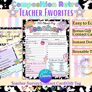 May include: A teacher survey and contact card set with a retro design. The set includes a "Welcome Back" sign, a "Let's Stay Connected" form, and a "Teacher Favorites" questionnaire. The design features pastel colours and playful graphics.