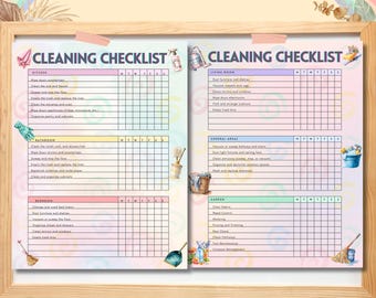 May include: A framed cleaning checklist with sections for kitchen, bathroom, bedroom, living room, general areas, and garden. Each section has a list of cleaning tasks and a grid for tracking progress throughout the week. The checklist is decorated with watercolor illustrations.