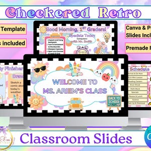 Retro Checker Classroom Slides Editable Teacher Templates for Daily Routines, PowerPoint & Canva Slides, Back to School Classroom Management