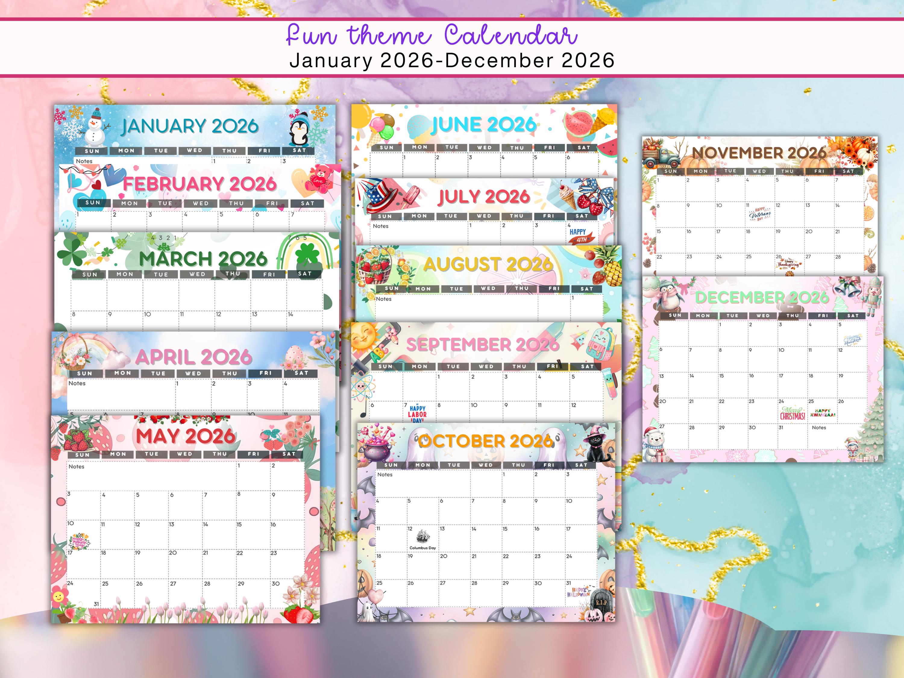 2026 Monthly Themed Calendar Canva Template | Editable Printable ...