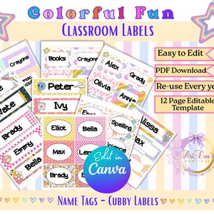 Op de afbeelding: Kleurrijke klaslabels met namen en vakken zoals "Boeken" en "Krijtjes". Het ontwerp bevat pastelkleuren, sterren en de tekst "Colorful Fun Classroom Labels". De labels zijn gemakkelijk te bewerken en opnieuw te gebruiken.