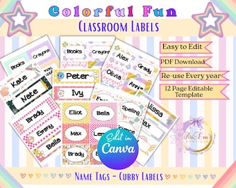 Modèle Canva d'étiquettes de classe modifiables | Étiquettes de bureau et de casier à imprimer - Rentrée scolaire - Organisation des enseignants - Téléchargement numérique