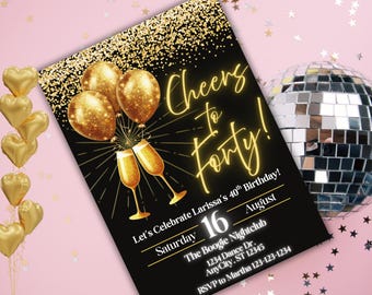 Editable 40th Birthday Invitation Black Gold Glitter Digital E-Invite Celebrate Milestone Party Printable Invite