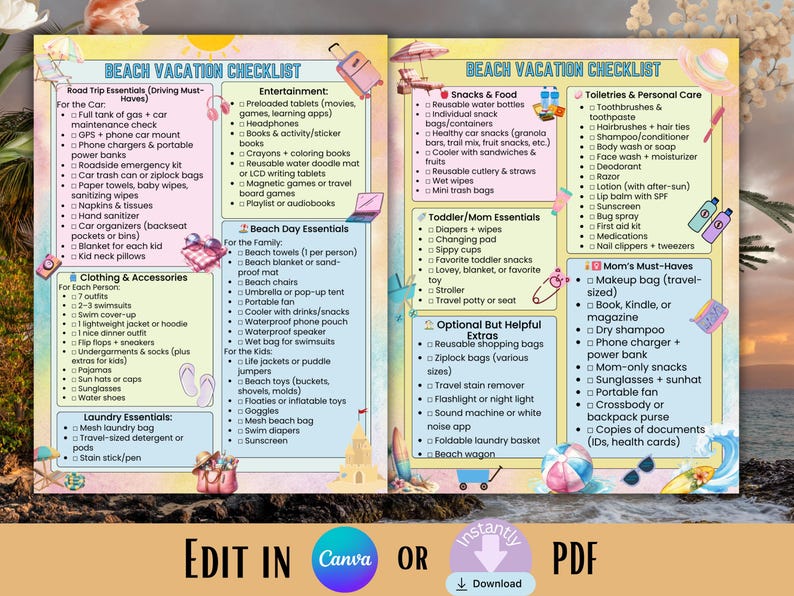 Beach Packing List: Editable Vacation Checklist, Travel Planner (PDF ...