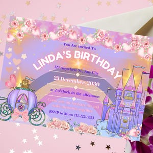 Convite de aniversário de princesa, castelo floral rosa roxo, modelo editável do Canva, download instantâneo, convite para festa de menina para impressão